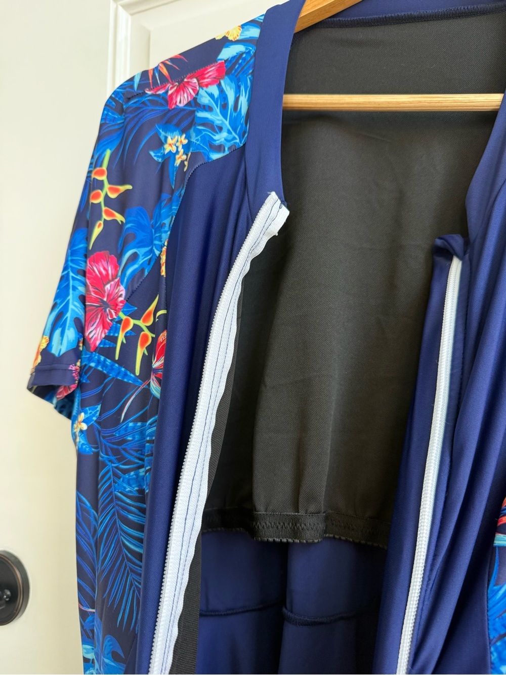 Swim Dress Navy Floral Short Sleeve Zip-Front Shorts Modest Beachy Tropical - Picture 6 of 16